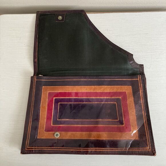 Larella Vintage Handmade Leather Clutch Hand Painted Indian Batik Indonesian - Picture 5 of 7